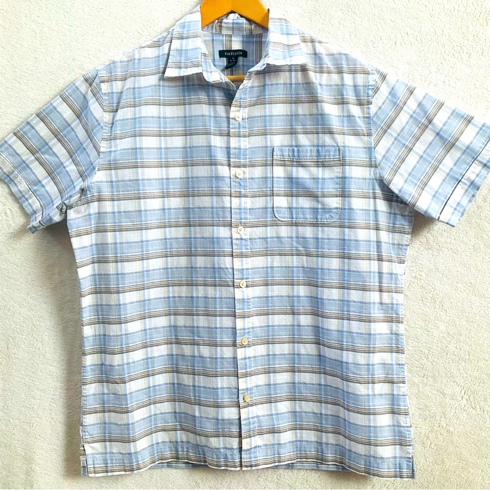 VAN HEUSEN Men's Blue Plaid Short Sleeve Button Down Shirt | Size Medium